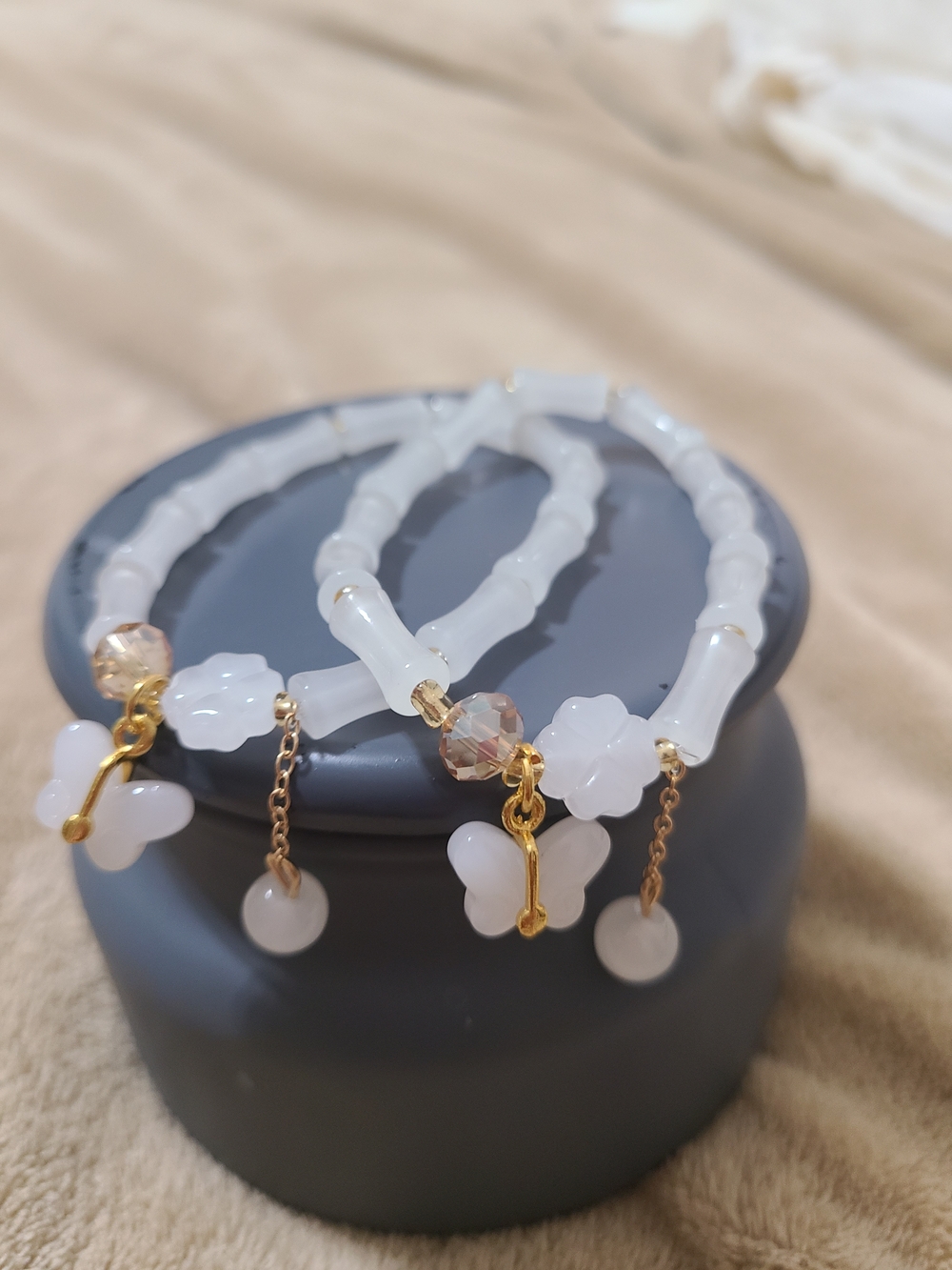 Glass Elegant White Beaded Butterfly Charm Bracelet with Gold Accents